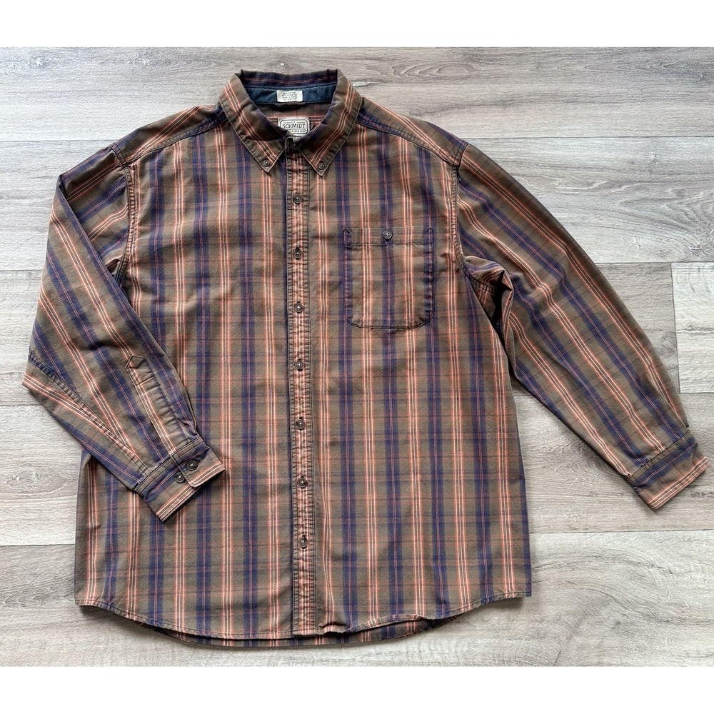 SCHMIDT‎ Workwear Shirt Mens XL Long Sleeve Brown Flannel Plaid Heavy